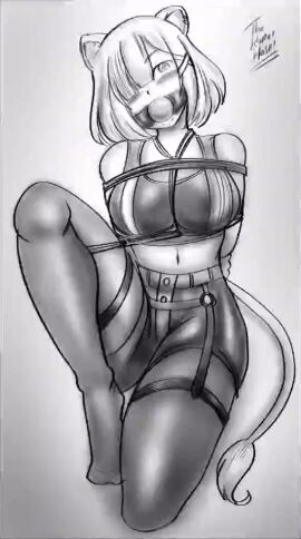 arms_tied arms_tied_behind_back ball_gag black_and_white blush bondage breast_bondage breasts dakuroihoshi female gag hololive hololive_gen_5 hololive_japan leg_tied lion_girl on_knees shishiro_botan sketch virtual_youtuber