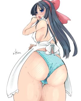 1girls apron artist_name ass big_ass big_breasts black_hair blue_eyes blush breasts busty covered_erect_nipples fat_ass female female_only from_below hair_ribbon highres horny king_of_fighters large_breasts legs long_hair looking_at_viewer looking_back naked_apron nakoruru open_mouth panties pussy pussy_juice ribbon samurai_shodown sensual sideboob snk solo spanked spanked_ass spanked_butt spanked_mark thick_thighs thighs underwear wedgie wet_panties
