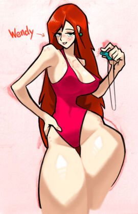 5_fingers bare_shoulders big_breasts breasts cleavage disney disney_channel disney_xd emptyskull302 female female_focus female_only gravity_falls green_eyes lifeguard lifeguard_swimsuit long_hair one-piece_swimsuit pointy_breasts red_hair solo solo_female solo_focus swimsuit thighs wendy_corduroy whistle whistle_(object) white_female