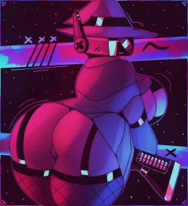 1girls 2024 2d :3 absurd_res android android_girl ass ass_bigger_than_head back_view big_ass big_breasts big_butt big_thighs bra breasts bubble_ass bubble_butt cloak detailed_background female female_only gun half-dressed half_naked looking_at_viewer ludicrousspeeds net_clothes net_stockings panties pink_body purple_body robot robot_girl shaded smug solo stripes thick_thighs thighhighs tosty_(ludicrousspeeds) wide_hips witch witch_hat