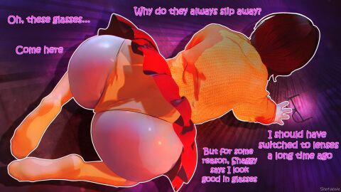 ass ass_focus back brown_hair character_name female from_behind highres long_sleeves scooby-doo shotacoin signature skirt socks solo text thighs underwear velma_dinkley