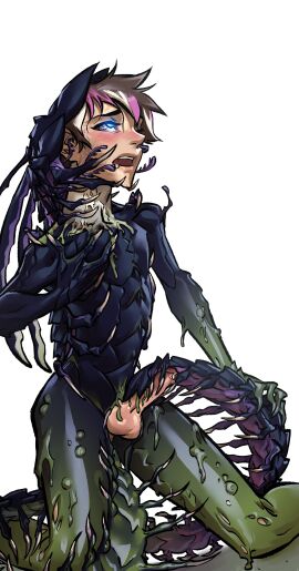 2023 absurd_res alien arthropod assimilation balls blue_pupils bodily_fluids digital_media_(artwork) drone dronification erection exoskeleton genital_fluids genitals hair hi_res highlights_(coloring) human hypnosis interspecies kneeling leaking_precum male mammal maxspite mind_control myriapod penis precum pupils simple_background solo_male transformation vein white_background