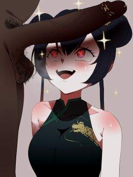 1boy 1girls absurd_res aroused black_dress black_hair black_penis blue_archive china_dress dark-skinned_male dark_skin double_bun erect_penis erection female genryumon_(blue_archive) heart heart-shaped_pupils imminent_oral in_love interracial kisaki_(blue_archive) light-skinned_female light_skin long_hair looking_at_penis male male_pubic_hair mind_break mind_control open_mouth pale_skin penis penis_awe pointy_chin pubic_hair purple_eyes shanhaijing_secondary_school_student size_difference skru sleeveless_dress smegma smiling sparkles symbol-shaped_pupils