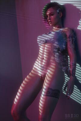 3d 3d_(artwork) bottomless casual casual_nudity cyberpunk_2077 judy_alvarez secretsam3d smoking tattoo