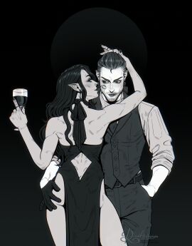 back_view costume couple dress dressed female gloves kiss_mark lipstick male male/female original original_character original_characters outfit pinup pinup_pose posing road_abelgeym unnamed_character vampire wavy_hair wine_glass
