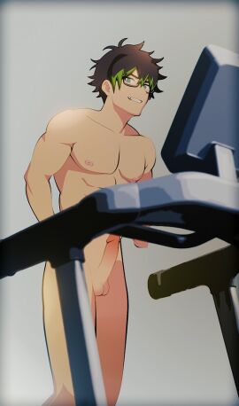 1boy abs balls erection glans glasses khaifer male male_only masculine naked nipples nude penis researcher running testicles treadmill vexmortem virtual_youtuber vtuber yaoi