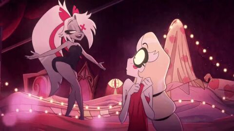 2girls angel angel_girl animated ass ass_bigger_than_head ass_shake bed bedroom bedroom_eyes black_towel blonde_hair blush blush_stickers bow canon_couple charlie_morningstar_(hazbin_hotel) couple curvy female fuck_me_eyes grey_body hair_bow hair_ribbon hazbin_hotel hips imminent_sex long_hair mommy no_panties official_art ponytail red_towel ribbon seductive seductive_look seductive_smile sexy shaking_ass shaking_hips smile thick_thighs thighs towel towel_only vaggi_(hazbin_hotel) vaggie_(hazbin_hotel) very_long_hair white_body white_hair wide_hips yuri