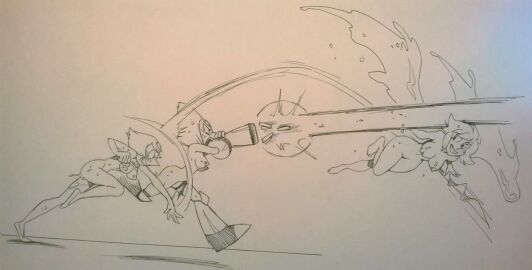 3girls alien alien_humanoid angry black_and_white blush breasts cartoon_network clothing female gem_(species) group humanoid lapis_lazuli_(gem_species) lapis_lazuli_(steven_universe) laser limb_enhancers melee_weapon monochrome nipples not_furry nude open_mouth pearl_(gem_species) pearl_(steven_universe) peridot_(gem_species) peridot_(steven_universe) polearm running smile spear steven_universe torn_clothing traditional_media_(artwork) twistedterra water weapon wet winged_humanoid wings