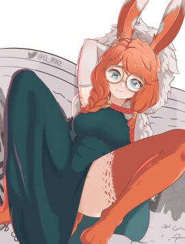 1girls aurora_(league_of_legends) breasts bunny_ears bunny_tail covered_breasts earrings el_bin female furry furry_legs glasses league_of_legends legs_up light-skinned_female light_skin long_hair looking_at_viewer orange_hair pale-skinned_female pale_skin red_hair riot_games round_glasses smile solo thick_thighs thighs vastaya
