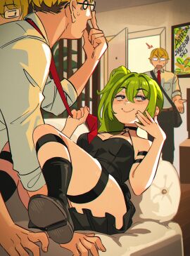 1girls 3boys boots caught clone clothed couch female glasses green_hair imminent_sex land_(sousou_no_frieren) male male_on_top pulling_tie purple_eyes sfw smile snegovski sofa sousou_no_frieren tie tie_pull ubel_(sousou_no_frieren) walk-in