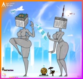 9/11 agonywelds angelsagony anthro ass breasts building buildings controversial controversy deki female fountain male offensive sketch smaller_male sphere splashing taller_female tenna_(angelsagony) thick_ass thick_thighs thighs twin_towers water wide_hips worldtradesisters