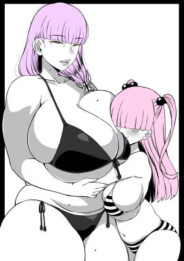2girls big_breasts bikini breasts female female_only hug huge_breasts komusou_(jinrikisha) large_breasts larger_female miki_somei milf mother mother_and_daughter older_female original pink_hair purple_hair shortstack smaller_female swimsuit teenager younger_female yukimama_(jinrikisha)