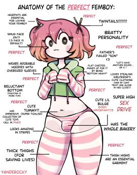 1boy :3 bulge english_text femboy femboy_only green_hoodie long_sleeves male male_only penis pink_hair small_penis solo striped_thighhighs swirl_pattern text text_background thick_thighs thighhighs twintails wall_of_text yanderocky