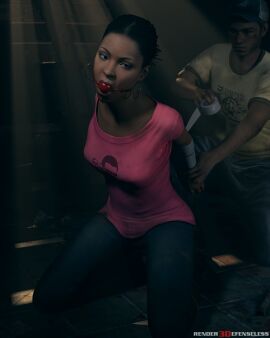 1boy 1girls 3d arms_behind_back ball_gag bondage bound_wrists clothed_bondage dark-skinned_female dark_skin female fully_clothed fully_clothed_female gag gagged left_4_dead_(series) left_4_dead_2 male rendereddefenseless rochelle_(left_4_dead)