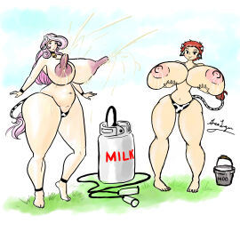 2girls ass big_ass big_breasts bovine breasts chubby chubby_female cow_ears cow_print cow_print_bikini cowbell cowprint cowprint_bikini erect_nipples female female_only huge_ass huge_breasts jacques00 lactating lactation lactation_without_expressing long_nipples milk milk_squirt milking_machine nipples oc original tail thick_thighs thighs wide_hips