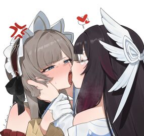 2girls angry blush closed_eyes columbina_(genshin_impact) flasso genshin_impact hoyoverse kissing mostly_clothed sandrone_(genshin_impact) sweat sweatdrop tongue_kiss yuri