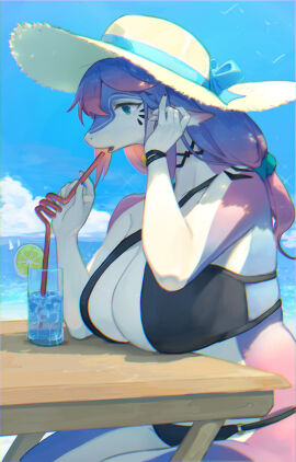 1girls anthro aqua_eyes beverage big_breasts blue_eyes breasts clothed clothing dragon drinking_straw female female_only glass_cup hair hat headgear headwear hi_res kemono lanya_(lcshian) lcshian long_hair outside purple_hair seaside sitting sky solo straw_hat swimwear table white_body wingless_dragon
