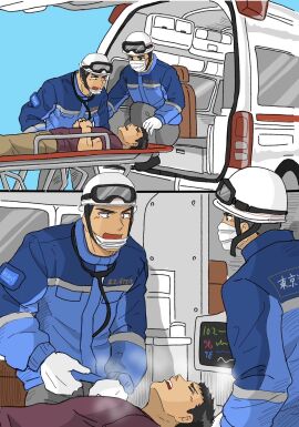 3boys ambulance black_hair blue_background blush fully_clothed gloves helmet hi_res imokuma jacket lying lying_on_back lying_on_bed male mature_male medical_instrument monitor no_visible_genitalia original original_character paramedic resuscitation short_hair simple_background sitting standing steam steamy_breath stethoscope stretcher surgical_mask unconscious