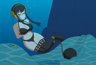 1girls aladdin asphyxiation assassin bad_end ball_and_chain big_breasts bikini black_bikini black_swimsuit bondage boots breasts choker cleavage cloth_gag drowning female female_human gag gold_hairband high_heel_boots high_heels human key lymprez movie_reference navel parody peril restrained solo spy_x_family swimsuit thigh_boots thighhighs thorn_princess tied_hands unconscious underwater underwater_peril underwater_peril_aladdin water yor_briar yor_forger