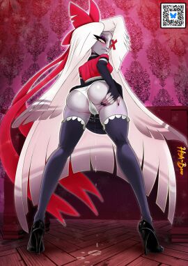 1girls alternate_version_available angel angel_girl armwear ass ass_focus backboob big_ass biting_lip biting_own_lip black_gloves black_nail_polish black_nails black_thighhighs bottomwear eyeshadow female female_only fingerless_gloves footwear full_body gloves grey_body grey_skin hair hair_ornament hair_over_one_eye hair_ribbon hand_on_ass hazbin_hotel heels high-bear high_heels huge_ass legwear long_hair looking_back nail_polish nails panties purple_eyeshadow pussy_juice pussy_juice_drip solo solo_female thighhighs thighs topwear vaggie_(hazbin_hotel) very_long_hair wet wet_pussy white_eyes white_hair white_panties