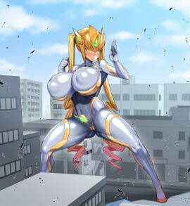 1girls big_breasts blonde_hair blush bodysuit breasts busty city combat_suit cuevy era_(erasion) erect_nipples_under_clothes female female_only fighting_stance giant_female giantess headgear huge_breasts large_breasts long_hair nipple_bulge nipples_visible_through_clothing original original_character outdoors partially_visible_vulva pussy skin_tight skindentation sky smh1069 solo standing thick_thighs tied_hair toned toned_female twin_drills twintails