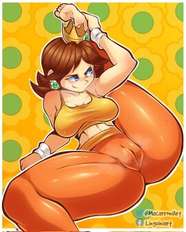 1girls blue_eyes brown_hair crown earrings female fit fit_female flexible foot_behind_head gym_clothes leg_behind_head leg_up macarroni mario_(series) nintendo princess_daisy pussy pussy_visible_through_clothes soles solo sportswear sweat sweating wristband yoga_pants