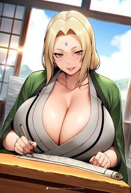 ai_generated big big_breasts blonde_female blonde_hair cleavage female forehead_mark gilf grandmother hag hi_res highres huge_breasts indoors kimono large_breasts looking_at_viewer mature mature_female milf naruto naruto_(series) naruto_shippuden office older_female red_nails seductive seductive_look seductive_smile sitting thick traditional_clothes tsunade tsunade_(naruto) tsunade_senju vanillaramen voluptuous voluptuous_female writing