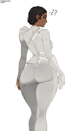 2d 2d_(artwork) ass bubble_ass bubble_butt dark-skinned_female dark_skin epic_games female fortnite fortnite:_battle_royale fully_clothed fully_clothed_female lilatole looking_at_viewer mask masked masked_female nisha_(fortnite) perfect_body solid_color_background solo striker_ar_clears_the_nemesis_ar thick_thighs thighs