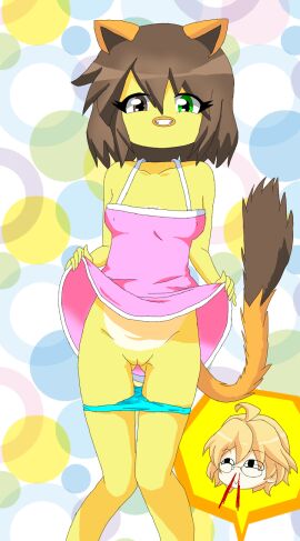 1boy blood_on_nose blue_panties breasts brown_eyes brown_hair cat_ears cat_tail character_request chibi copyright_request female glasses green_eyes male medium_breasts no_panties original pink_dress pussy shinomiya_natsuki smile uta_no_prince-sama yellow_hair yellow_skin