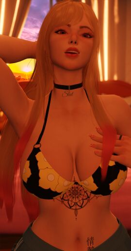 1girls 3d bikini blender blender_eevee blonde_hair breasts busty cleavage curvy female female_only french_tip gyaru huge_breasts jewelry kitagawa_marin large_breasts light_skin long_hair looking_at_viewer makeup nail_art navel painted_nails pink_nails pose posing purple_eyes purple_hair seductive seductive_look slut_collar smiling_at_viewer solo sono_bisque_doll_wa_koi_wo_suru sunset swimsuit tattoo tattoos your_waifu