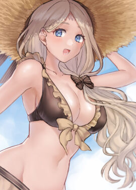 1girls alternate_costume bikini black_bow blonde_hair blue_eyes blue_sky bow breasts brown_bikini brown_swimsuit cleavage cloud collarbone day female female_only fire_emblem fire_emblem:_three_houses fire_emblem_heroes frilled_bikini frills hairbow hat hazuki_(nyorosuke) highres large_breasts long_hair looking_at_viewer mercedes_von_martritz mercedes_von_martritz_(summer) navel nintendo official_alternate_costume open_mouth outdoors revision side_ponytail sky smile solo stomach straw_hat sun_hat swimsuit very_long_hair