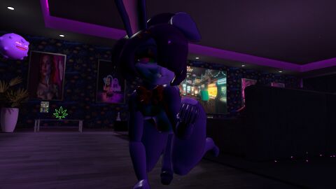 3d barely_clothed bonfie bonnie_(cally3d) bonnie_(fnaf) bowtie bunny_teeth crawling extreme_micro five_nights_at_freddy's fnia fredina's_nightclub futa_only futanari huge_cock intersex micro_bikini monokini one_piece_swimsuit penis pink_eyes solo vrchat vrchat_avatar