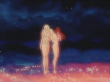 2girls 80s animated animated_gif blonde_hair breasts brown_hair butterfly catherine_royal completely_nude convenient_censoring female female_only full_body hair_censor jane_royal long_hair long_legs lowres medium_breasts naked no_pubic_hair nude nude_female sisters space_adventure_cobra space_background standing stars twins zoom_in zooming_in