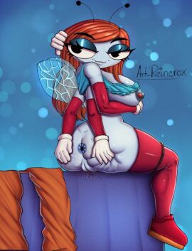 2024 antennae_(anatomy) anthro anthro_only anus auburn_hair beauty_mark_on_ass beauty_mark_under_eye big_breasts black_eyes breasts disney disney_channel female female_focus female_only hand_behind_head hand_on_breast hands_on_ass insect_girl insect_wings multi_arm multi_limb nipple_piercing nipples partially_nude piercing pussy red_armwear red_legwear reinerox seductive seductive_pose shirt_pulled_up shoes sleeveless_shirt solo solo_female squeezing_butt tammy_(the_buzz_on_maggie) tammy_zesty the_buzz_on_maggie