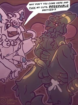 anthro ass ass_grab bed bedroom_eyes black_nipples bodily_fluids brother brother_(lore) brothers_(lore) butt_grab cum cum_in_ass cum_inside cum_leaking_out dialogue dialogue_box duo eeveelution erection espeon fluffy foreskin furniture generation_2_pokemon genital_fluids genitals glowing glowing_genitalia glowing_penis half-closed_eyes hand_on_ass hand_on_butt hi_res holding_butt holding_self incest_(lore) judasthesinner leaking_cum looking_at_viewer looking_up looking_up_at_viewer male male/male narrowed_eyes nintendo nipples penis pillow pokemon pokemon_(species) questioning red_sheets seductive sibling_(lore) smile speech_bubble spread_legs spreading spreading_self twins_(lore) umbreon uncircumcised