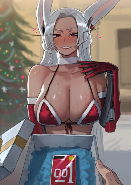 1boy 1girls 2024 absurdres animal_ears blush boku_no_hero_academia breasts christmas christmas_outfit christmas_tree cleavage condom_box dark-skinned_female dark_skin ear_piercing earrings eyelashes female female_focus gift gift_box heart highres kemonomimi large_breasts long_eyelashes long_hair looking_at_viewer male male_pov mature_female miruko my_hero_academia post-timeskip present prosthetic_arm rabbit rabbit_ears rabbit_girl ratatatat74 red_eyes rumi_usagiyama white-haired_female white_hair