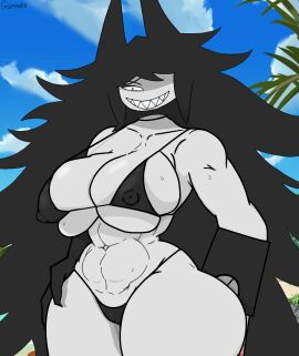 ass beach big_ass big_breasts big_nipples bikini black_hair breasts female female_only fundamental_paper_education gammaha_art long_hair looking_at_viewer miss_circle_(fundamental_paper_education) nipples teacher teeth tight_bikini