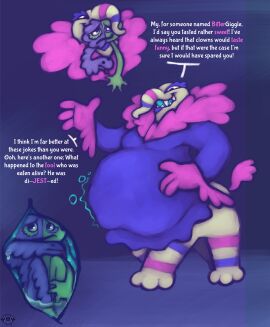 analog_vorer anthro bittergiggle bodily_fluids clothed clothing crossdressing dialogue digestion digestion_noises drag_(fashion) dress duo external eyelashes eyeliner fan_character fantasy_creature fur_collar garten_of_banban gloves handwear hi_res humanoid humor internal jester makeup male male/male monster oral_vore organs original_character partially_clothed pun rumbling_stomach sequence sharp_teeth stomach stomach_acid stomach_bulge taur teal_insides teeth vore