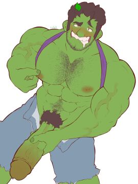abs bara biceps big_penis blush bruce_banner clothing erection green-skinned_male green_body green_skin hairy_chest hulk hulk_(series) male male_nipples male_only male_pubic_hair marvel marvel_comics masturbation muscular muscular_male nipples pecs penis pubic_hair restarx yaoi