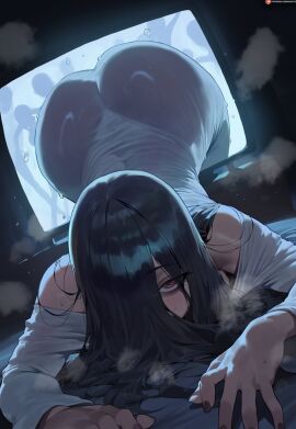 ai_generated ass black_hair black_nails dress female fingernails hair_over_one_eye highres long_hair looking_at_viewer patreon_logo patreon_username red_eyes screen shexyo solo the_ring through_medium through_screen white_dress yamamura_sadako