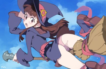 akko_kagari artist_name black_hat blue_boots blue_sky boots broom broom_riding brown_hair cloud day female flying hat highres kagari_atsuko little_witch_academia long_hair looking_at_viewer optionaltypo outdoors panties pink_panties pussy pussy_juice sky solo underwear witch_hat
