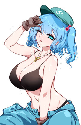 1girls barely_clothed big_breasts bikini black_bikini black_bra blue_eyes blue_hair bra breasts cap cleavage female gloves hat key_necklace light-skinned_female light_skin nitori_kawashiro one_eye_closed pants raptor7 solo solo_female thong touhou twintails white_background