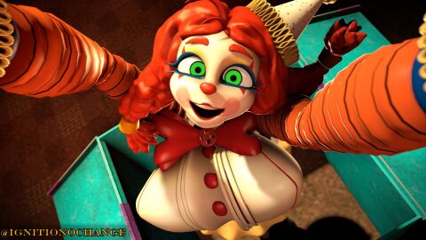 1girls 3d animatronic ass ass_up big_breasts bowtie braid braided_hair breasts button button_down_shirt cheerful clothed clown clown_girl clown_makeup clown_nose eyeliner face_down_ass_up female five_nights_at_freddy's five_nights_at_freddy's:_secret_of_the_mimic green_eyes happy headwear huge_breasts ignitionofchange jack_in_the_box_(toy) jackie_(fnaf) jackie_(mishuuyu) looking_at_viewer looking_up microskirt mishuyuu party_hat red_hair robot robot_girl shirt short_skirt skirt solo the_mimic_(fnaf) tutu twintails white_skin