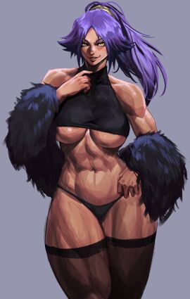 1girls bleach breasts dark-skinned_female dark_skin female looking_at_viewer muscular muscular_female ponytail purple_hair shihouin_yoruichi solo solo_female thick thick_thighs thigh_highs thighhighs thighs underboob virgoart1509 yellow_eyes