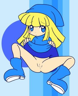 1girls aged_up anus blonde_female blonde_hair blue_boots blue_dress blue_eyes blue_hat blue_theme blush_stickers boots bottomless clothes_pull dress_lift dress_pull female female_only hairless_pussy hat lifting_dress no_panties no_pubic_hair paipan pussy puyo_puyo puyo_puyo_artstyle sana_(kerarino) witch_(puyo_puyo) witch_hat