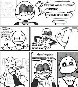 bedroom_eyes blush blushed_face comic_page comic_panel comic_strip el_sick english_text femboy grey_skin looking_seductive male male_focus male_only scared seducing sharp_fingers smile speech_bubble speech_bubbles tagme_(character)