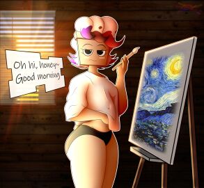 2025 2d beige_shirt belly belly_button belly_exposed black_eyes black_pantyhose brusha_(dandy's_world) dandys_world female ink morning painting pantyhose samkeeydraws thicc thicc_ass thicc_thighs thick thick_ass thick_thighs thought_bubble