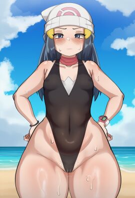 1girls ai_generated beach beach_background beanie big_thighs cameltoe dark_hair dawn_(pokemon) edit female girl hands_on_hips huge_thighs pokemon pokemon_dppt protagonist_(pokemon) small_breasts standing swimsuit