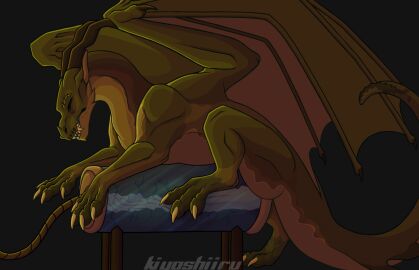 2024 2_horns 3_toes 4_fingers belly breeding_mount breeding_mount_use cel_shading claws dragon ejaculation erection european_mythology feet feral fingers green_body hi_res horn kiyoshiiru looking_pleasured male membrane_(anatomy) membranous_wings mythological_creature mythological_scalie mythology penetrable_sex_toy scalie sex_toy shaded side_view simple_background solo tail toes unknown_character western_dragon wings yellow_belly yellow_claws