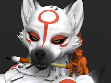 anthro bambookat black_eyes female fire flame furry goddess okami_(capcom) paintbrush snout tagme teeth video white_fur